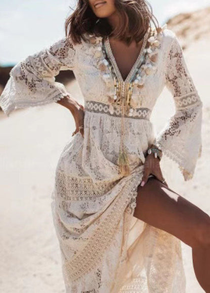 White Tasseled Hollow Out Lace Dresses Summer