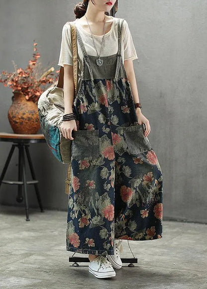 French Dark Color Print Patchwork Pockets Denim Outfits Rompers