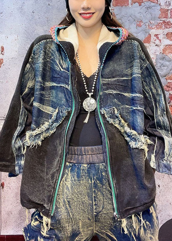 Loose Red Hooded Zippered Fall Denim Coat Long Sleeve