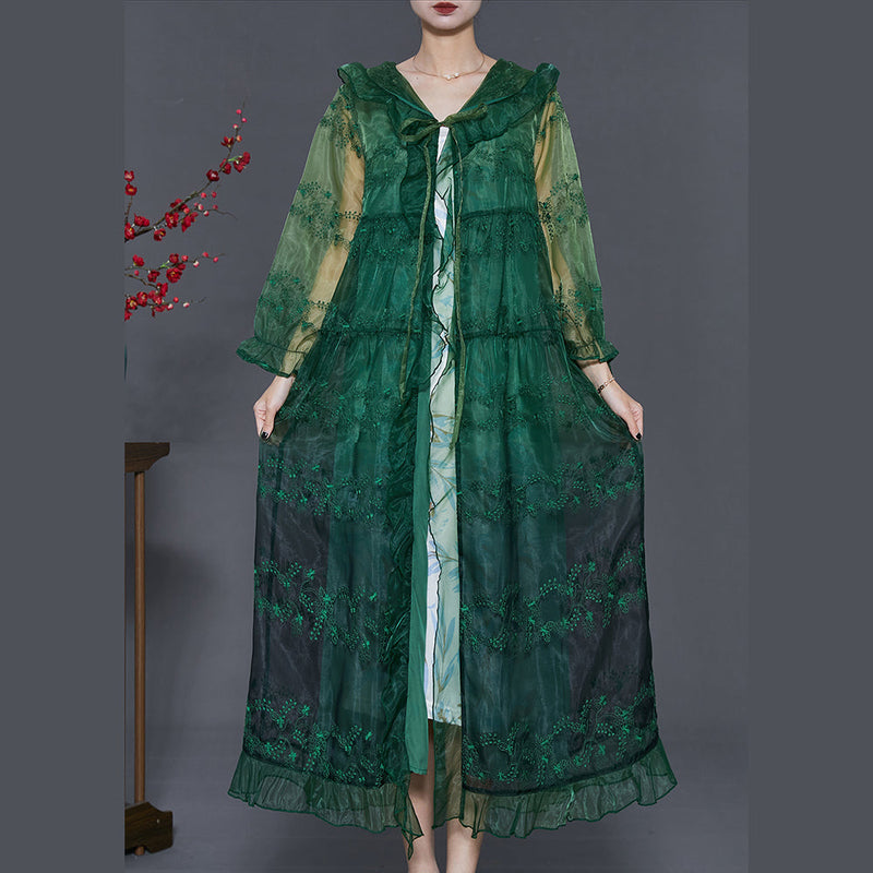 Green Organza Upf 50+ Cardigans Embroidered Ruffled Summer