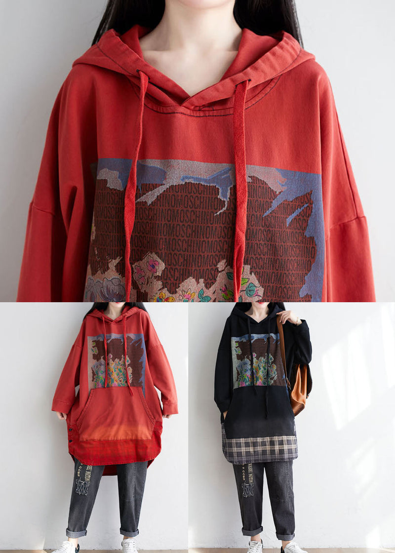Red Hooded Pockets Print Cotton Sweatshirt Dress Spring