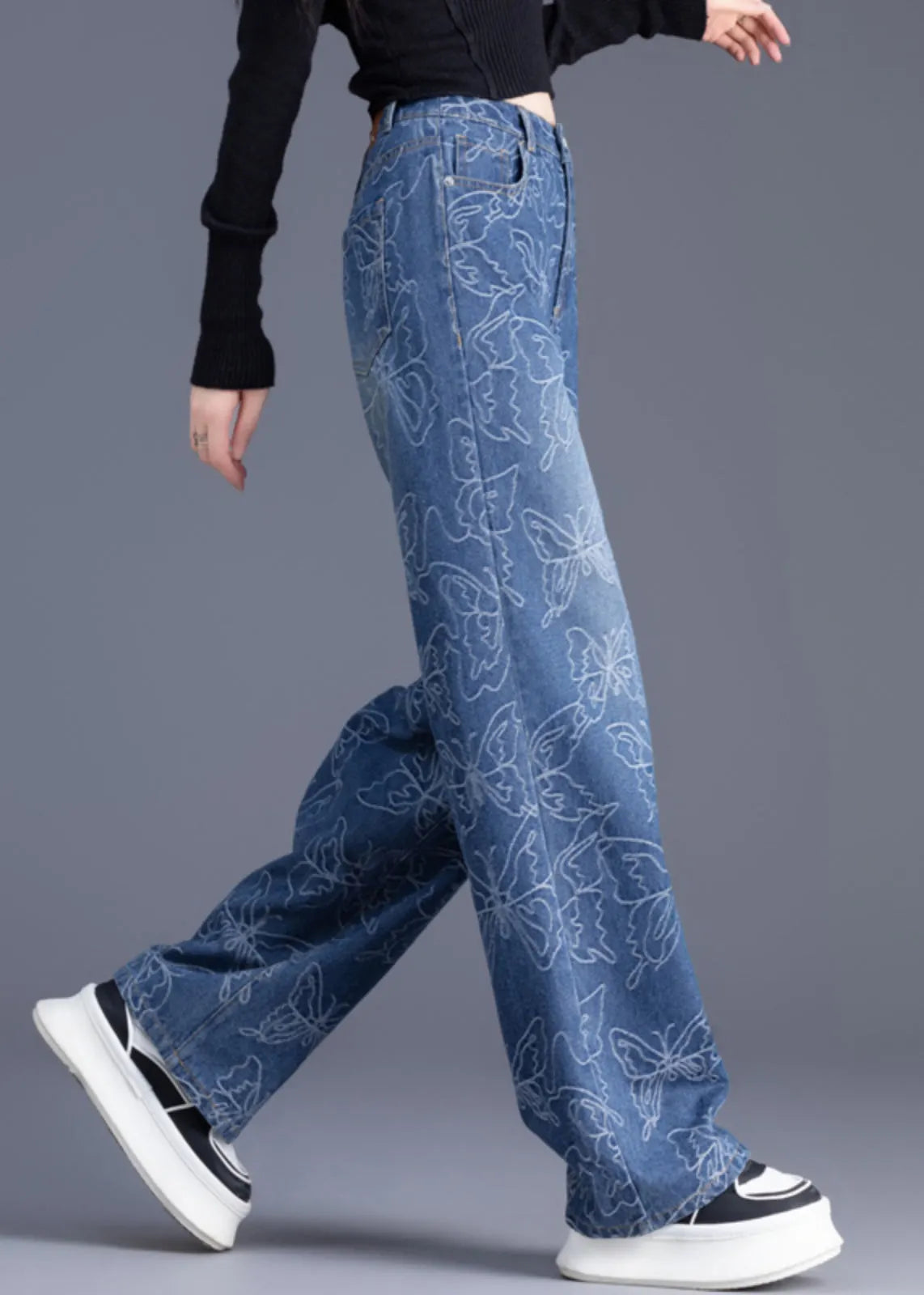 Italian Blue High Waist Print Denim Straight Pants Trousers Summer