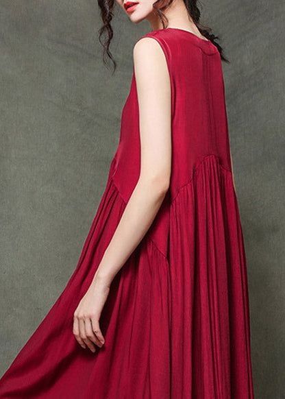 Wine Red O-neck Wrinkled Long Dresses Sleeveless