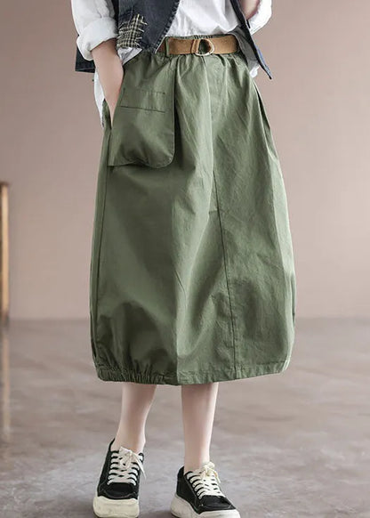 Green Patchwork Cotton Skirt High Waist Pockets Summer