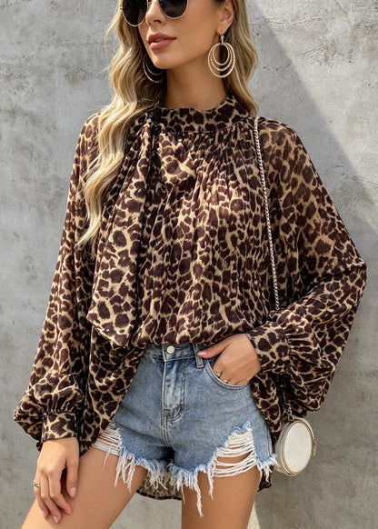 Leopard Print Bow Chiffon Shirts Tops Spring