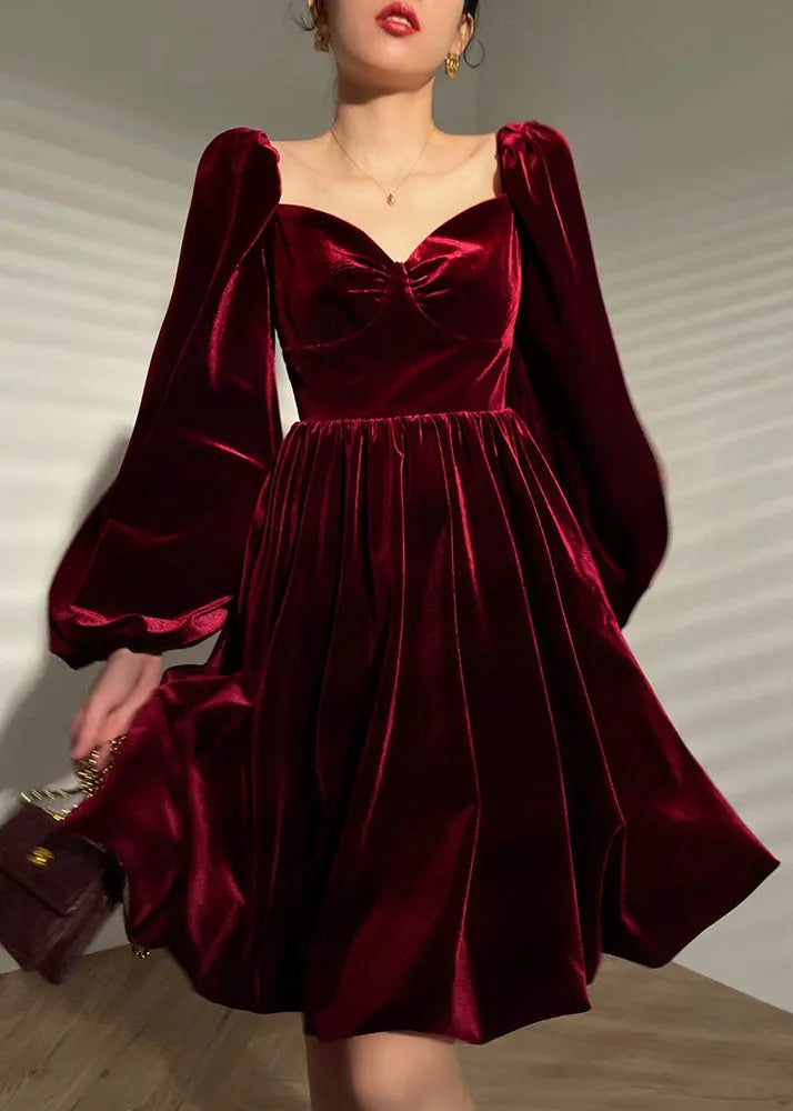 Mulberry Velour Vestidos Party Dress V Neck Lantern Sleeve