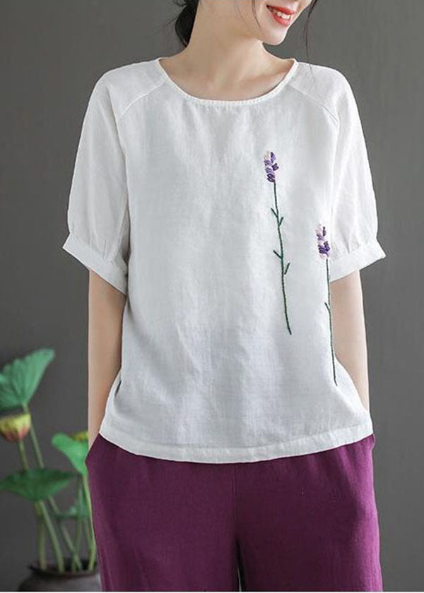 Organic White O-neck Embroideried Linen Tank Tops Short Sleeve
