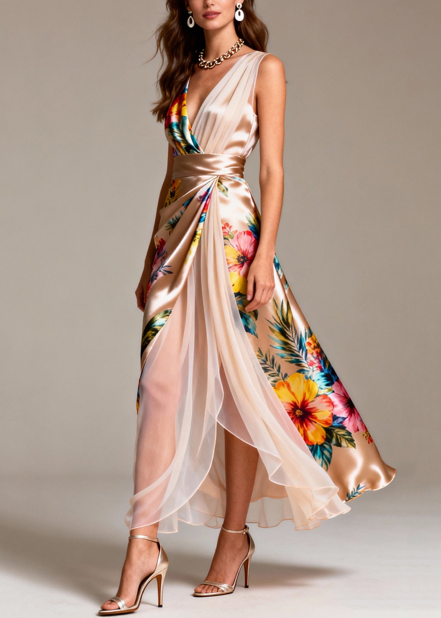 Champagne Patchwork Tulle Silk Holiday Dress Side Open Sleeveless Summer