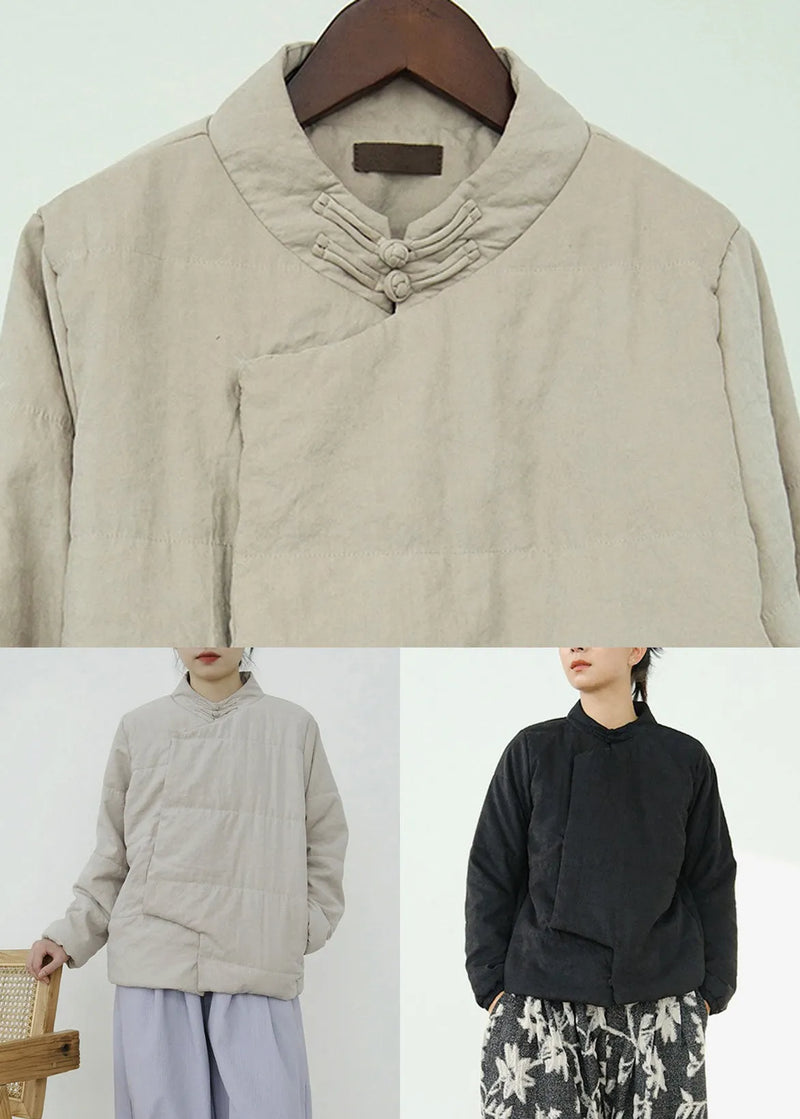Black Button Pockets Fine Cotton Coats Stand Collar
