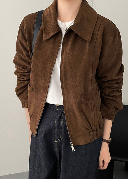 Chocolate Zip Up Pockets Patchwork Faux Suede Coat Long Sleeve