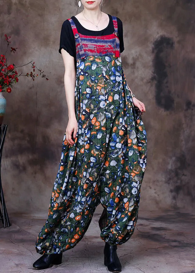 Stylish Green Patchwork Plaid Print Linen Overalls Jumpsuit and Cotton Tanks Two Piece Set Summer