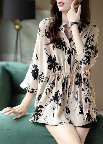 Slim Fit Beige Stand Collar Button Drawstring Print Chiffon Shirt Spring