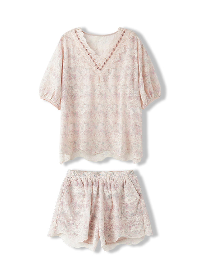 Pink V Neck Embroidered Chiffon Two Pieces Set Summer