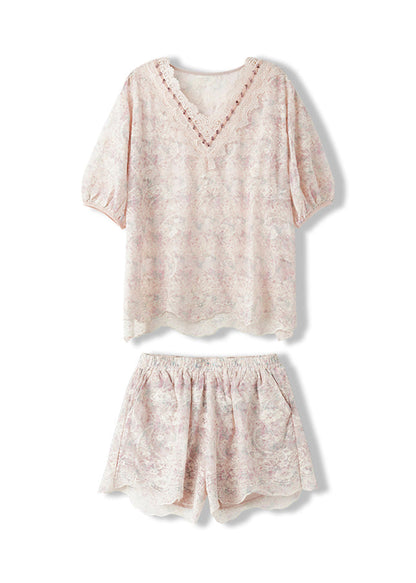 Pink V Neck Embroidered Chiffon Two Pieces Set Summer