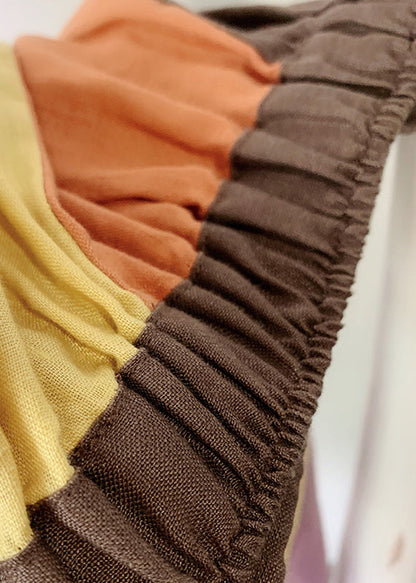 Orange Elastic Waist Patchwork Linen a Line Skirt Spring