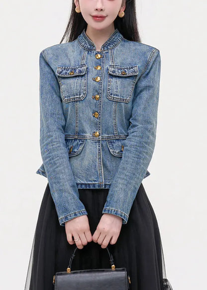 Slim Fit Blue Stand Collar Pockets Patchwork Denim Coats Spring