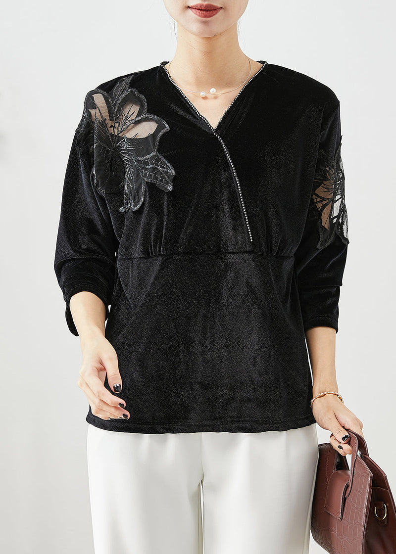Black Hollow Out Patchwork Silk Velour Shirt Fall