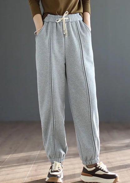 Grey Patchwork Warm Fleece Sweatshirt Pants Spring
