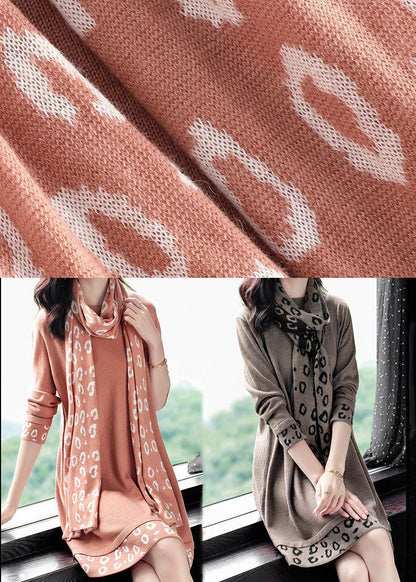 Pink O-neck Patchwork Scarf Long Knit Dress Long Sleeve