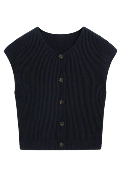Boutique Navy O-neck Button Cotton Knit Waistcoat Short Sleeveless