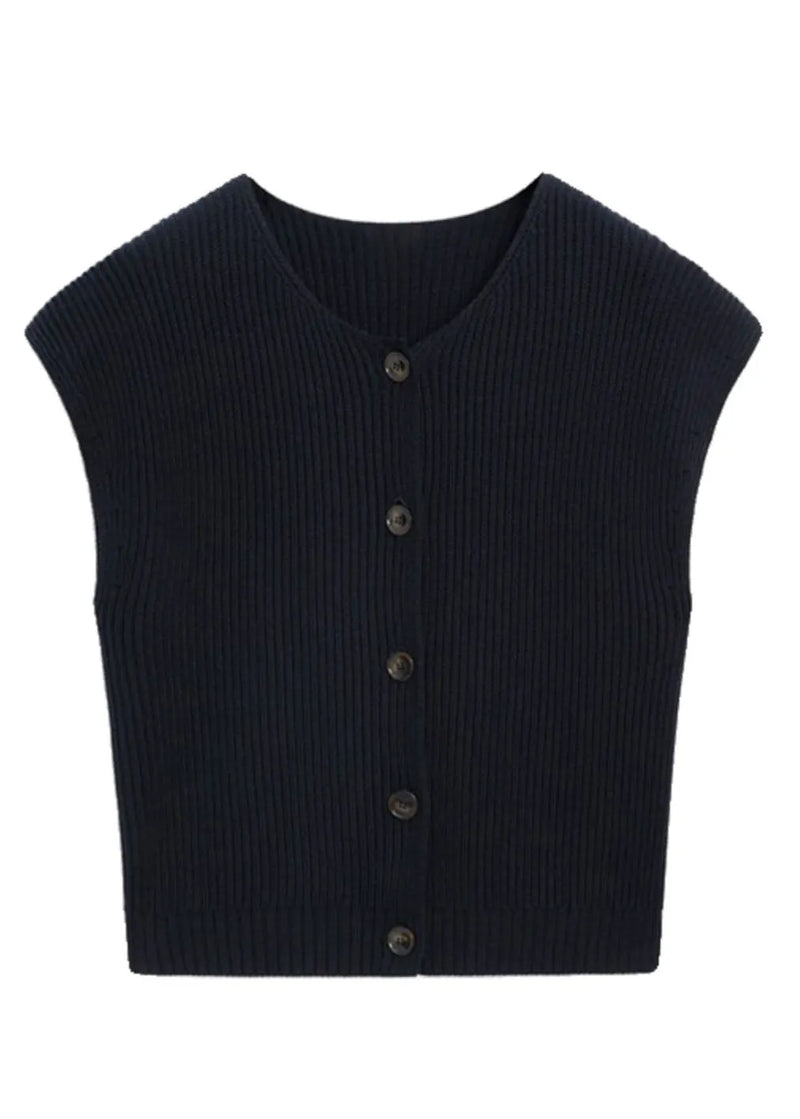 Boutique Navy O-neck Button Cotton Knit Waistcoat Short Sleeveless