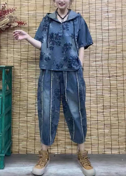 Style Blue Hooded Print Denim Two Pieces Set Summer