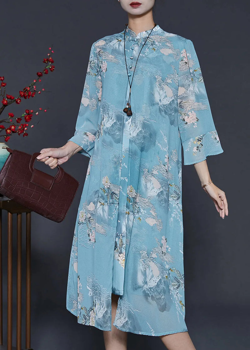 French Blue Mandarin Collar Print Chiffon Dresses Summer