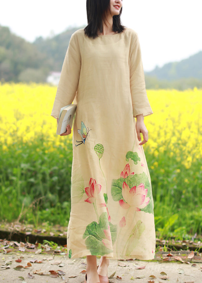 Brief Beige O-neck Butterfly Print Linen Dresses Long Sleeve