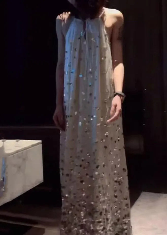 French Halter Sequins Line Maxi Spaghetti Strap Dress Sleeveless