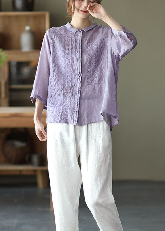 Natural Purple Peterpan Collar Button Embroideried Fall Top Long Sleeve