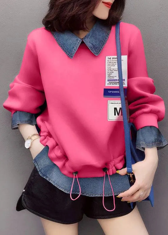 Pink Drawstring Peter Pan Collar Denim Patchwork Sweatshirts Top Spring