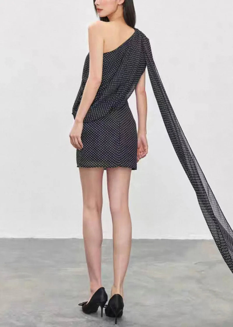 French Black Asymmetrical Dot Tops and Skirts Chiffon Two Pieces Set Summer