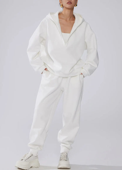 White Pockets Elastic Waist Warm Fleece Winter Two Pieces Set Hooded