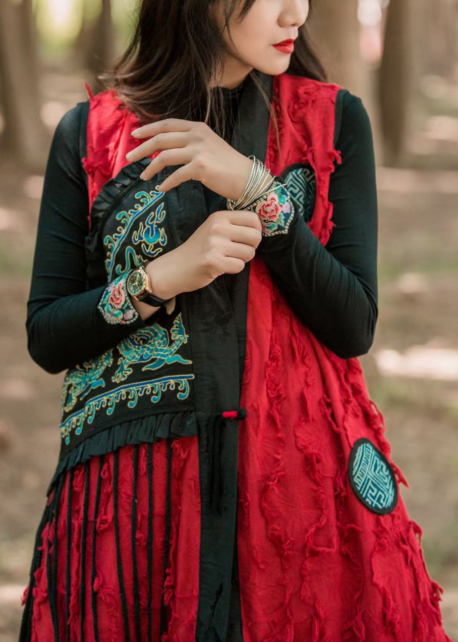 Red Tasseled Pocketspatchwork Cotton Waistcoat Sleeveless
