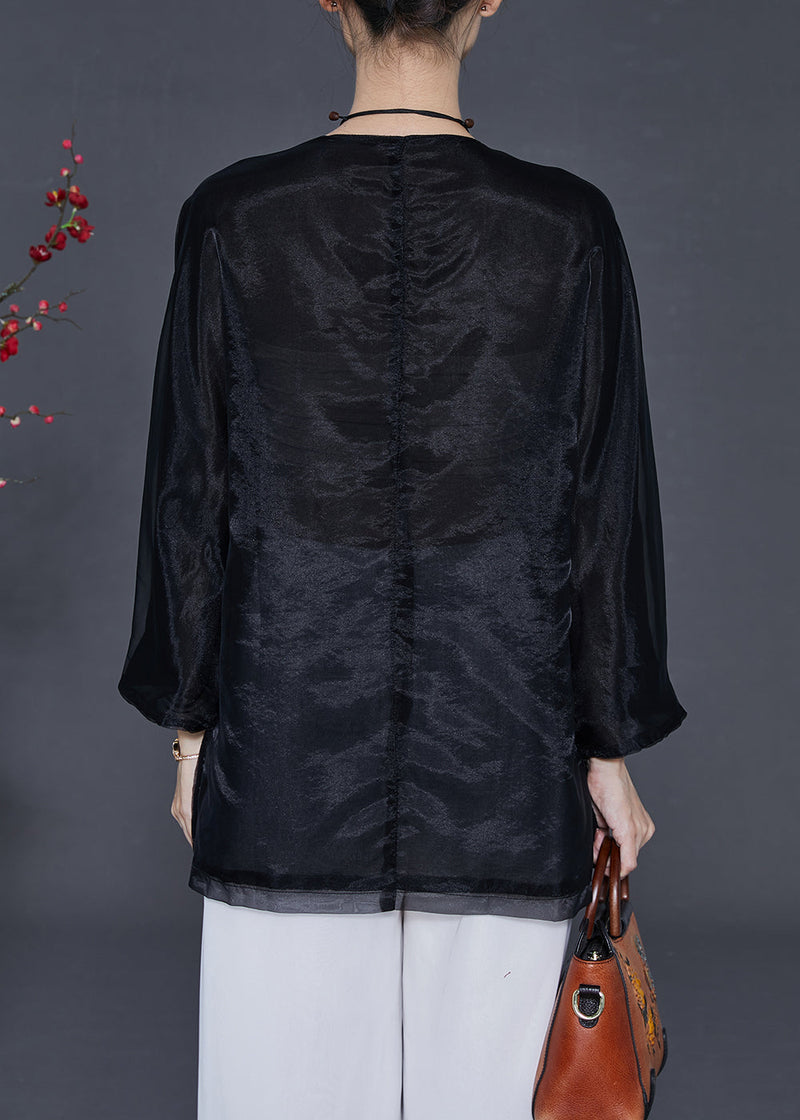 Black Organza Shirt Tops Embroidered Butterfly Summer