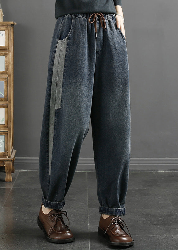 Blue Pockets Lace Up Elastic Waist Jeans Fall