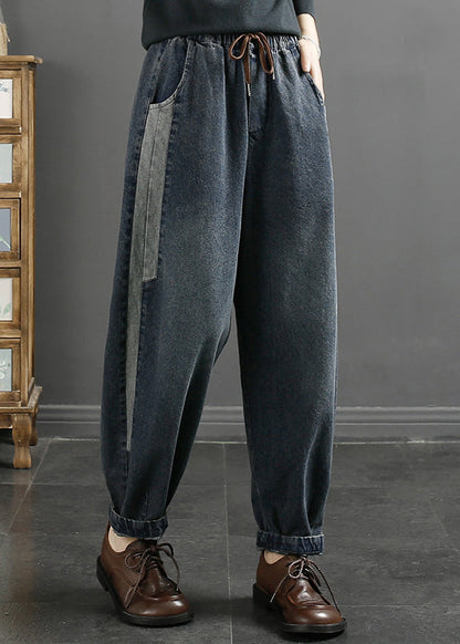 Blue Pockets Lace Up Elastic Waist Jeans Fall