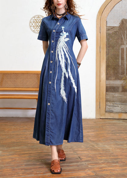 Blue Peter Pan Collar Patchwork Button Long Denim Dress Short Sleeve