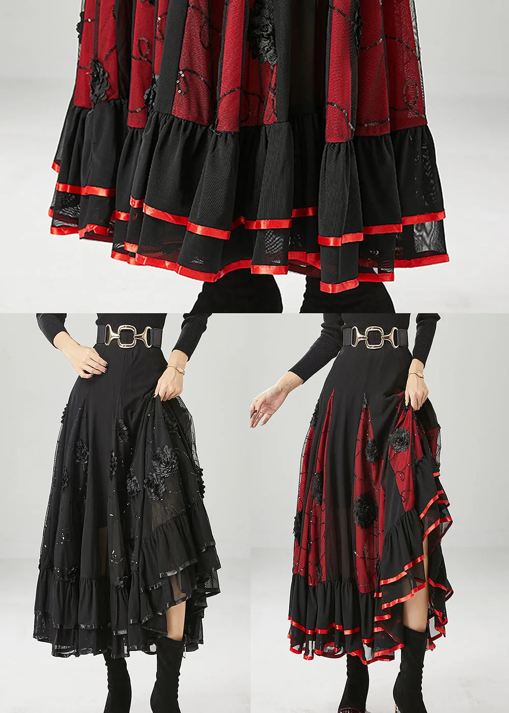 Italian Black Stereoscopic Chiffon a Line Skirt Fall