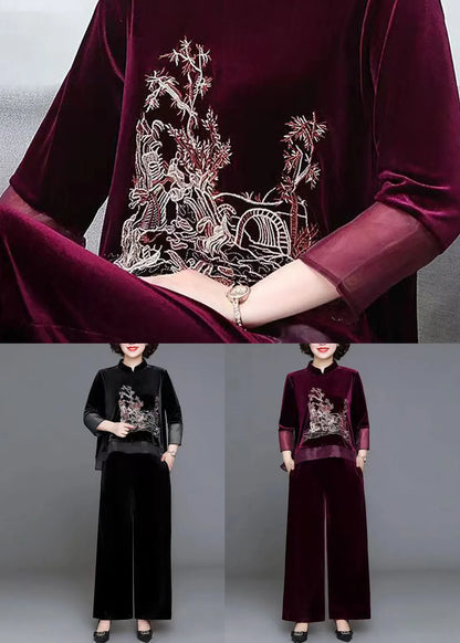 Mulberry Tops and Pants Velour Two Piece Set Embroideried Fall