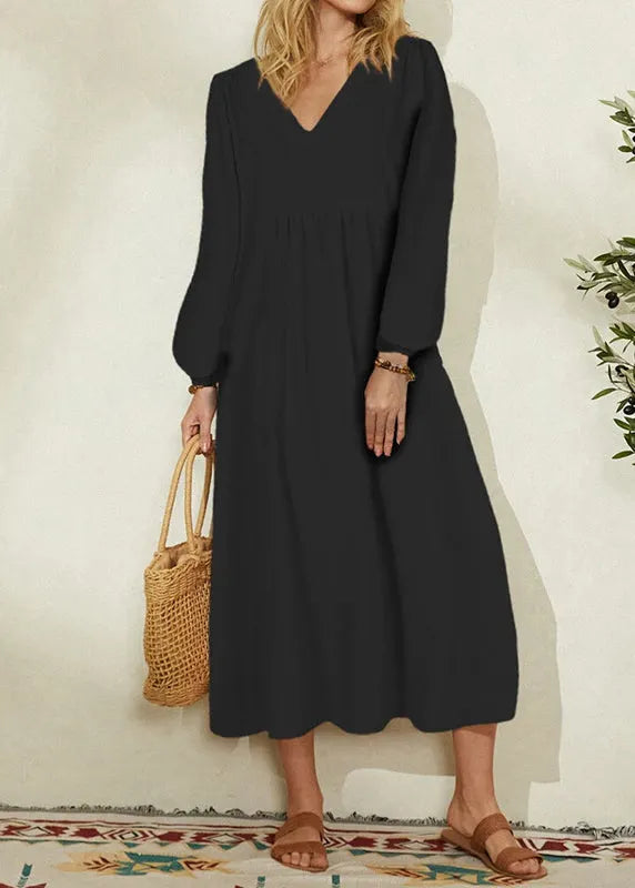 Orange Cotton Linen Loose Balloon Sleeve Dress