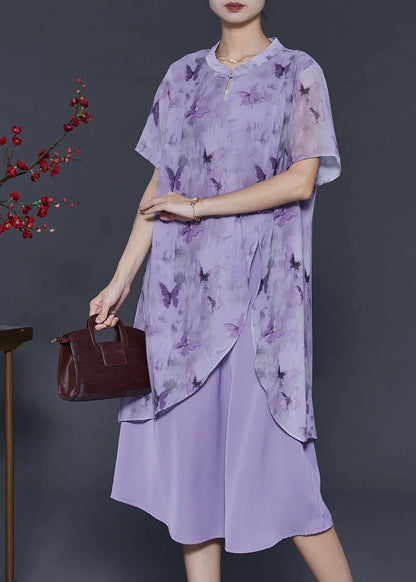 Purple Butterfly Chinese Button Chiffon Fake Two Piece Dresses Summer