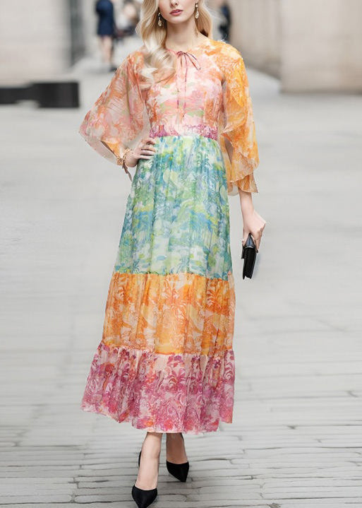 Colorblock Lace Up Print Chiffon Long Dresses Half Sleeve