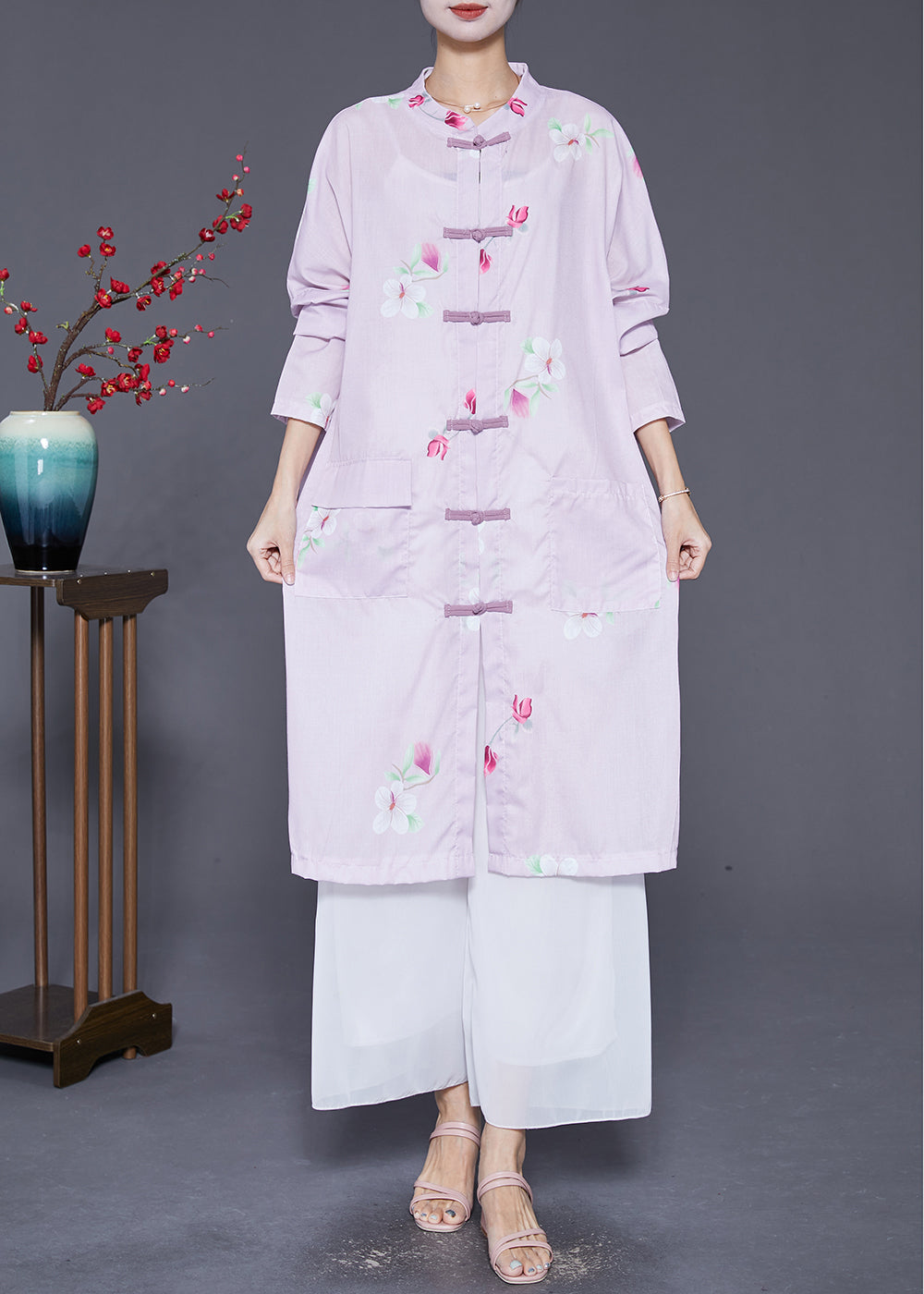 Light Purple Print Chinese Button Linen Shirt Dress Fall