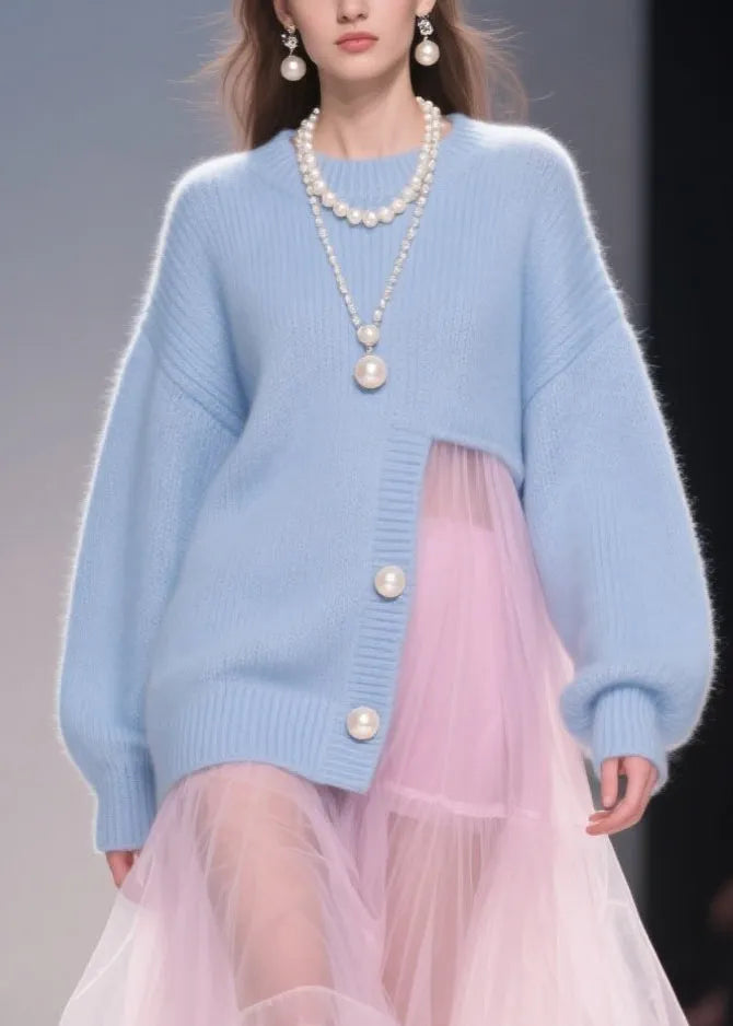 New Blue O Neck Tulle Patchwork Loose Knit Dress Fall