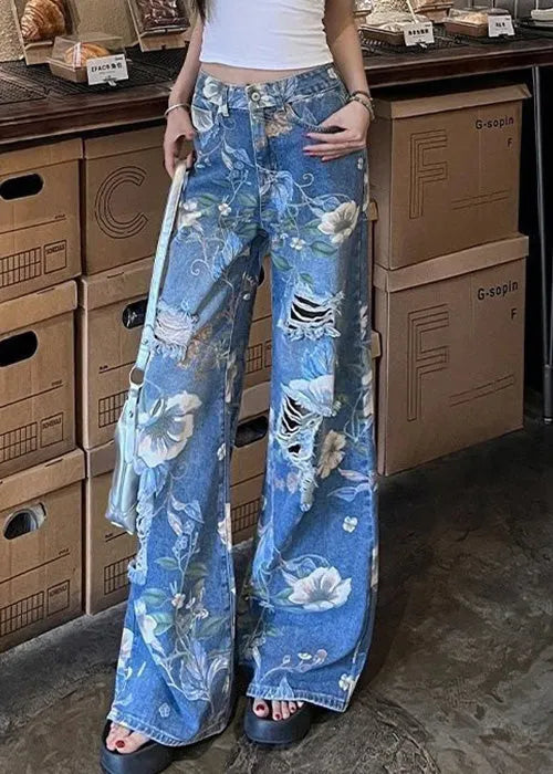 Modern Blue Print Hole High Waist Denim Wide Leg Pants Fall