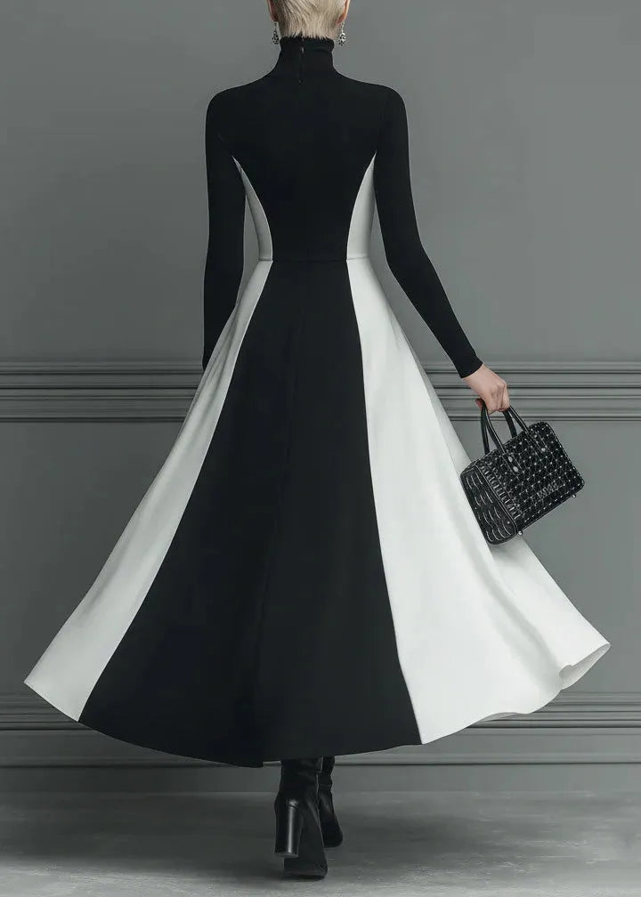 Fitted Black Hign Neck Patchwork Cotton Long Dress Spring