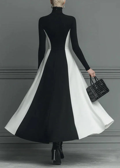 Fitted Black Hign Neck Patchwork Cotton Long Dress Spring