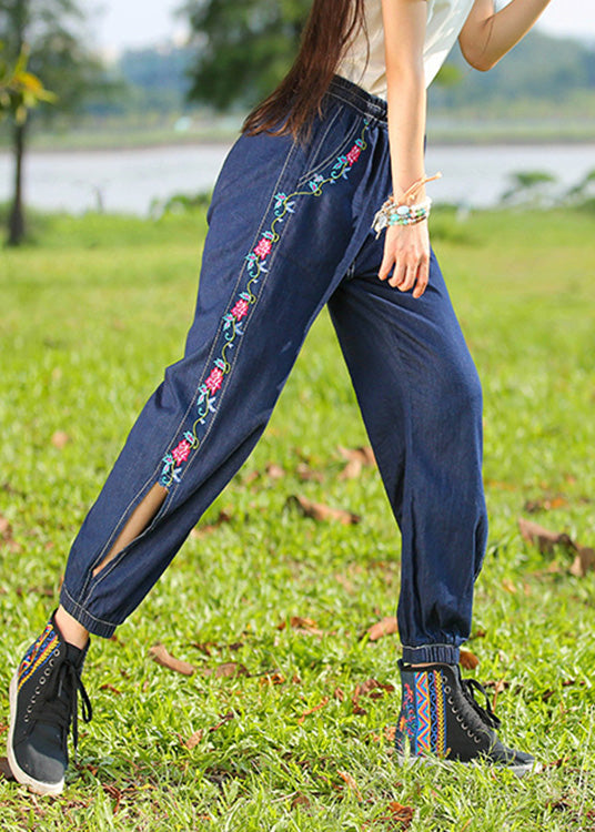 Denim Blue Embroideried High Waist Cotton Lantern Pants Summer