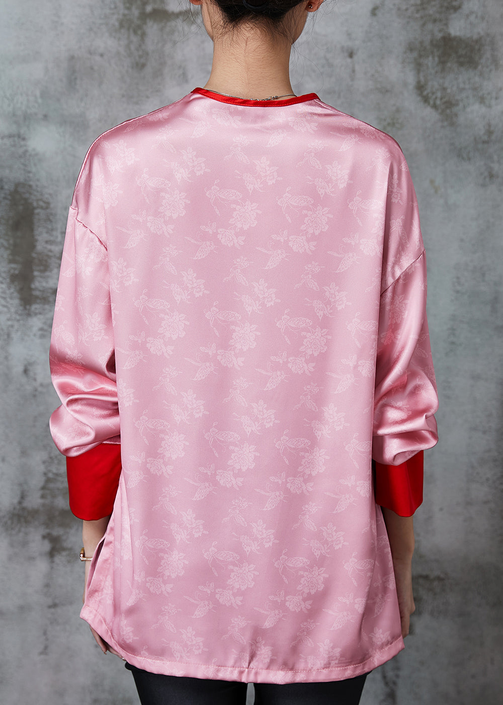 Pink Chinese Button Print Silk Blouse Tops Spring